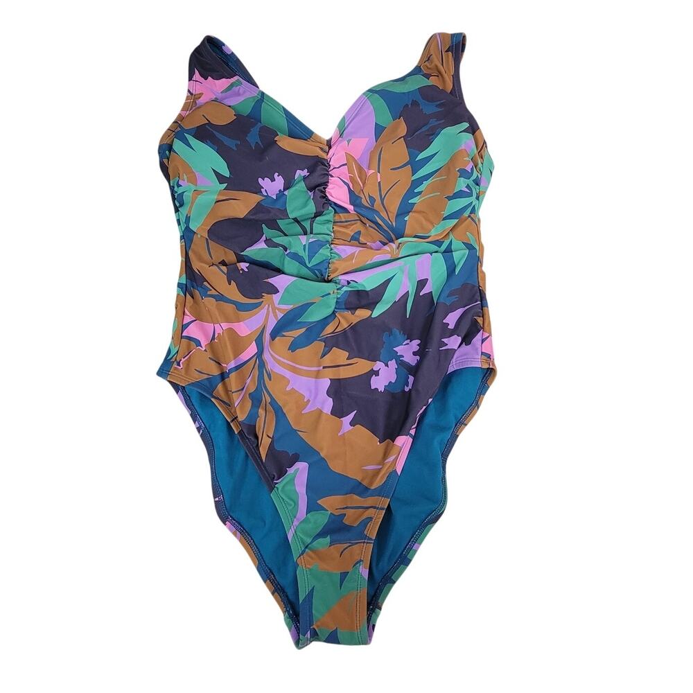 Shade & Shore Size 16 Multi Floral Print Shirred Plunge One Piece Swimsuit